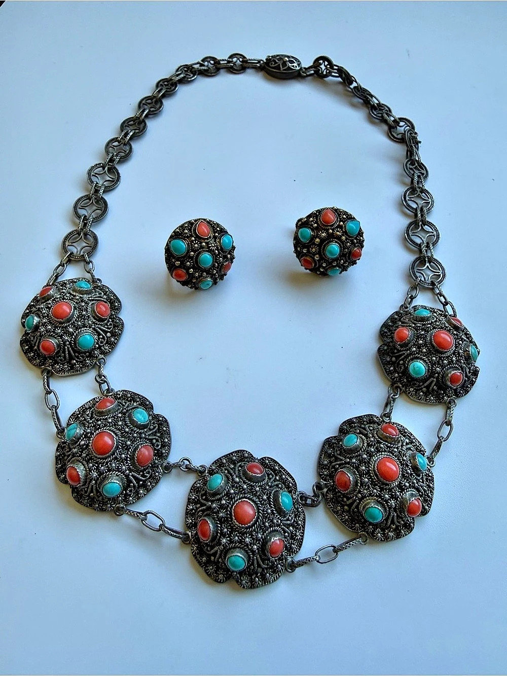 Vintage Sterling Silver Turquoise Coral Filigree Statement Necklace & Earrings